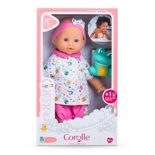 Muñeca bebé Corolle Bébé Bath Oceane de 30 cm con rana de goma, apta para jugar en el agua, bañera o piscina, cuerpo suave con aroma a vainilla, para niñas a partir de los 18 meses.