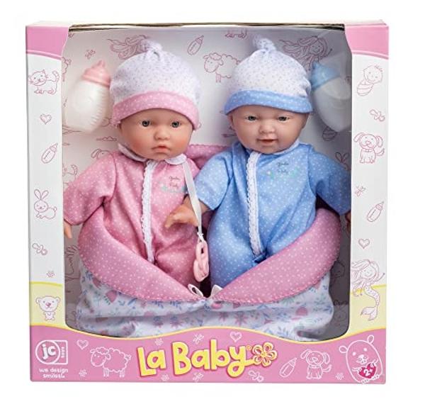 Muñecas gemelas JC Toys La Baby de 28 cm con cuerpo blando, ropa extraíble, saco de dormir reversible y accesorios. Juguetes pequeños para bebés a partir de 12 meses..