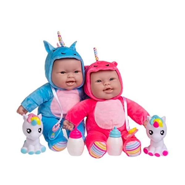 JC Toys Lots to Cuddle Babies - Muñecas gemelas pequeñas y suaves de 30 cm con temática de unicornio | Lavables | Rosa y azul | Incluye unicornios de juguete, biberones y chupetes .