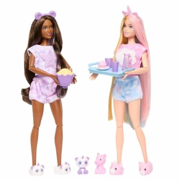Conjunto Barbie "Cutie Reveal", acogedor conjunto para una fiesta de pijamas con 2 muñecas de moda, pijamas, sacos de dormir y accesorios para la hora de dormir..