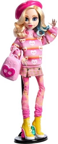 Muñeca y accesorios Monster High Wednesday, coleccionable de Enid Sinclair en rosa con boina y mochila, soporte para muñecas.