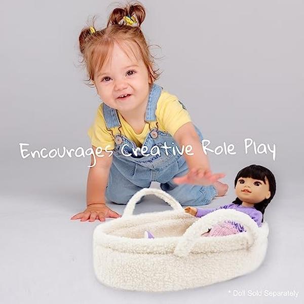 Cuna para muñecas June Garden Cozy Dream - Portabebés portátil - Apta para muñecas American Girl y ositos de peluche de hasta 35 cm - Blanco crema.