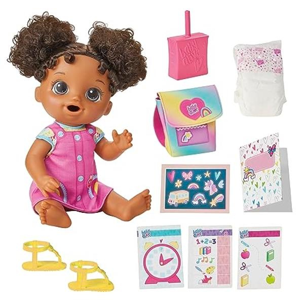 Baby Alive - Muñeca "Hora de la Escuela", 30 cm, juguetes para la vuelta al cole para niñas y niños, pelo negro, regalo preescolar para niños a partir de 3 años (exclusivo de Amazo.
