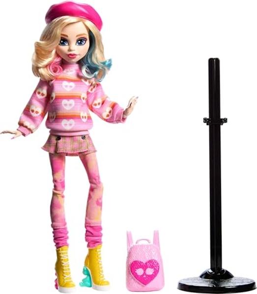 Muñeca y accesorios Monster High Wednesday, coleccionable de Enid Sinclair en rosa con boina y mochila, soporte para muñecas.