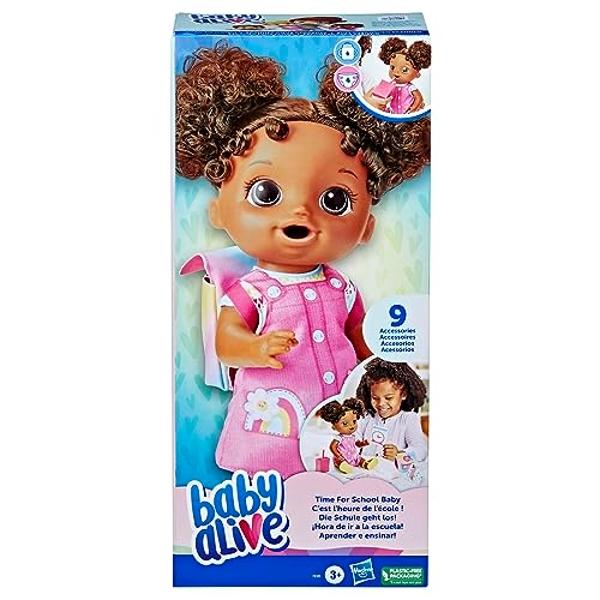 Baby Alive - Muñeca "Hora de la Escuela", 30 cm, juguetes para la vuelta al cole para niñas y niños, pelo negro, regalo preescolar para niños a partir de 3 años (exclusivo de Amazo.