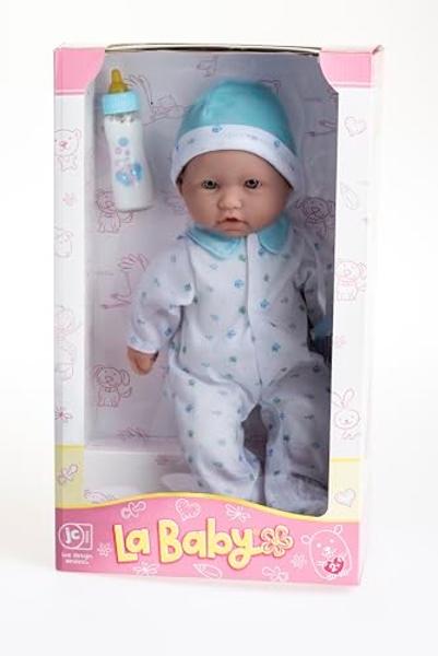 Muñeca caucásica JC Toys La Baby: muñeca de cuerpo blando de 28 cm con accesorios, incluido un traje azul extraíble. Muñeca pequeña de juguete para niños de 12 meses en adelante..