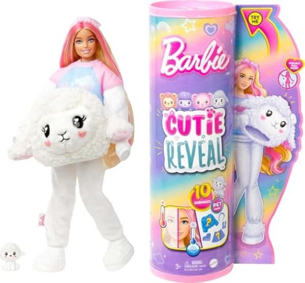 Muñeca Barbie Cutie Reveal con cabello rubio y disfraz de corderito. Incluye 10 sorpresas, accesorios y una minimascota (los estilos pueden variar)..