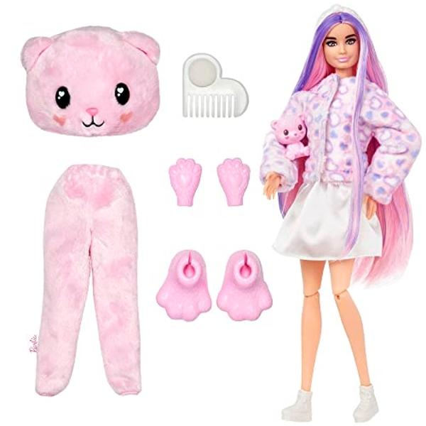 Muñeca Barbie Cutie Reveal con cabello rosa y disfraz de osito de