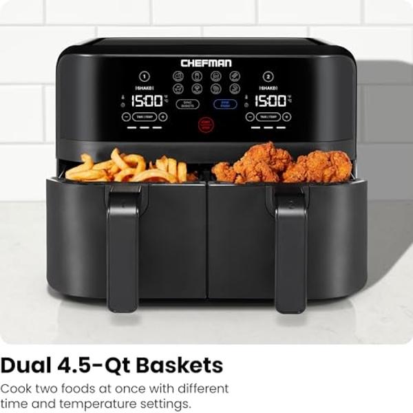 Freidora de aire dual Chefman TurboFry Touch: maximiza las comidas más saludables con doble capacidad de cesta, controles digitales de un toque y recordatorio de agitación para un .