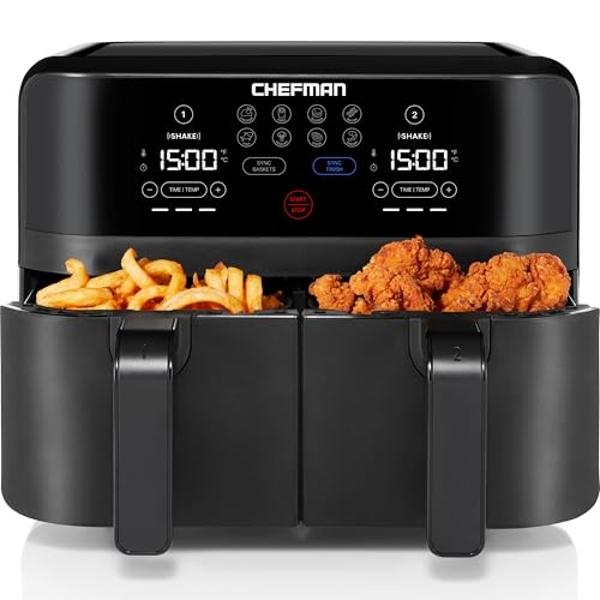 Freidora de aire dual Chefman TurboFry Touch: maximiza las comidas más saludables con doble capacidad de cesta, controles digitales de un toque y recordatorio de agitación para un .