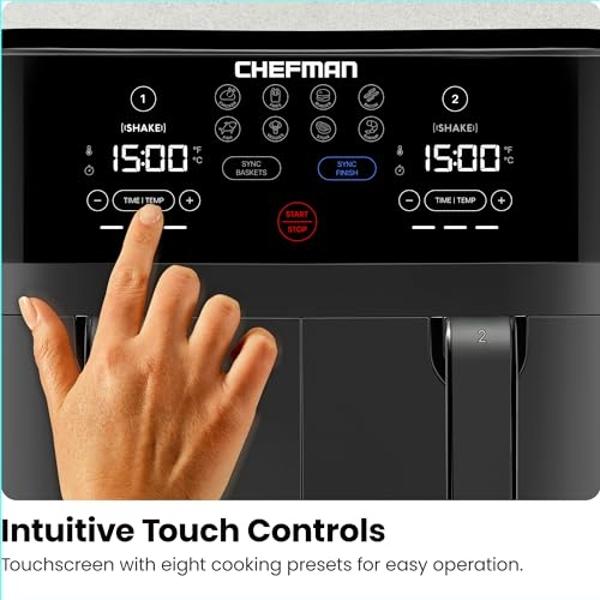 Freidora de aire dual Chefman TurboFry Touch: maximiza las comidas más saludables con doble capacidad de cesta, controles digitales de un toque y recordatorio de agitación para un .