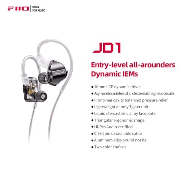 FiiO/JadeAudio JD1 - Auriculares intraaurales estéreo de alto rendimiento con controlador dinámico, graves HiFi, monitorización de oído, deportivos, para juegos y micrófono (negros.