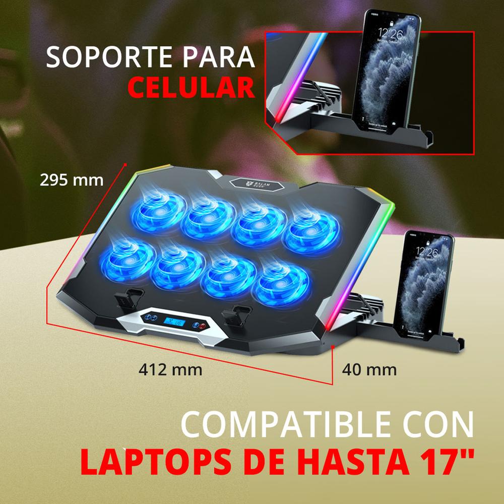 Base Enfriadora BALAM RUSH EOLOX FROST PRO EF760 Laptop 17 pulgadas Altura Ajustable 8 Fan 2xUSB LED