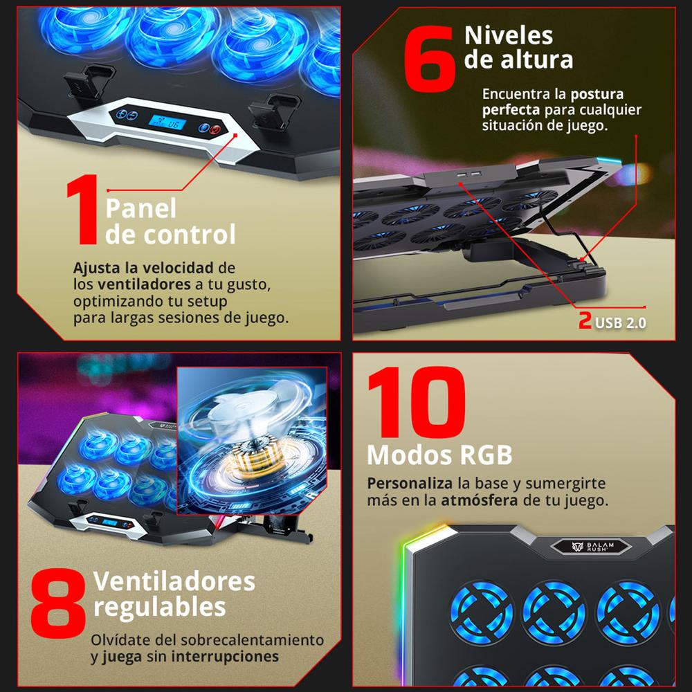 Base Enfriadora BALAM RUSH EOLOX FROST PRO EF760 Laptop 17 pulgadas Altura Ajustable 8 Fan 2xUSB LED