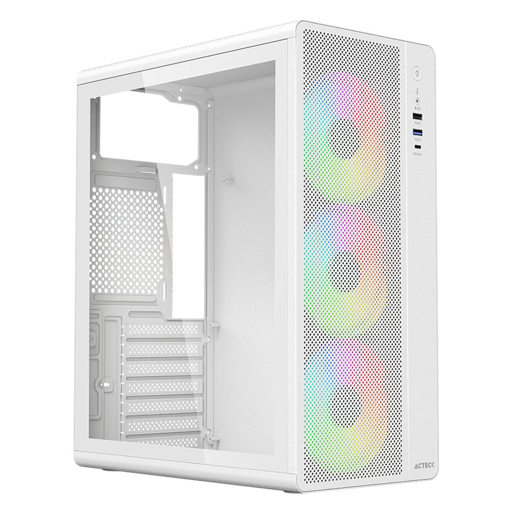 Gabinete ACTECK ESSEN PRO X GM767 ATX Media Torre 3 Fan RGB Cristal Templado USB-C Mesh Blanco AC-941716