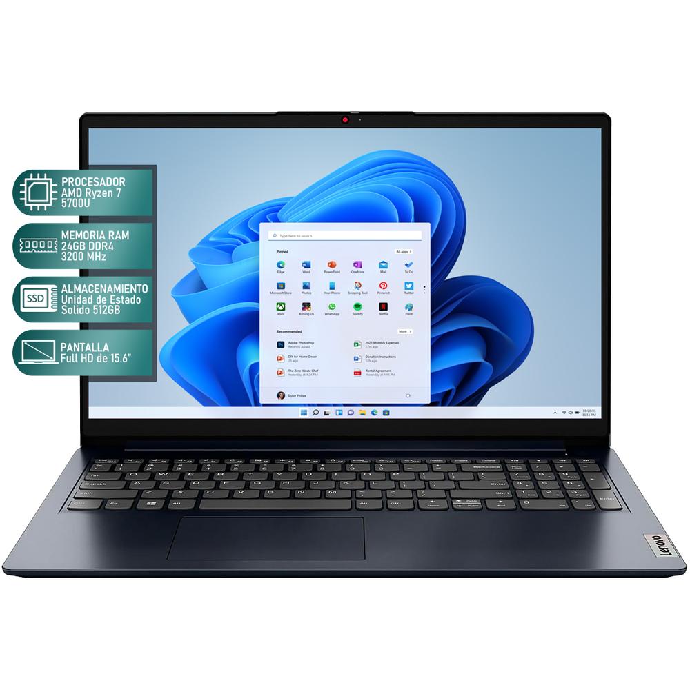 Laptop LENOVO IdeaPad 1 AMD Ryzen 7 5700U 24GB RAM 512GB SSD 15.6" Touchscreen Windows 11 Home Teclado en Español