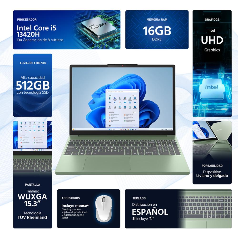 Laptop LENOVO IdeaPad Slim 3 Intel Core i5 13420H 16GB RAM 512GB SSD 15.3" Windows 11 Home Teclado en Español + Mouse DXT