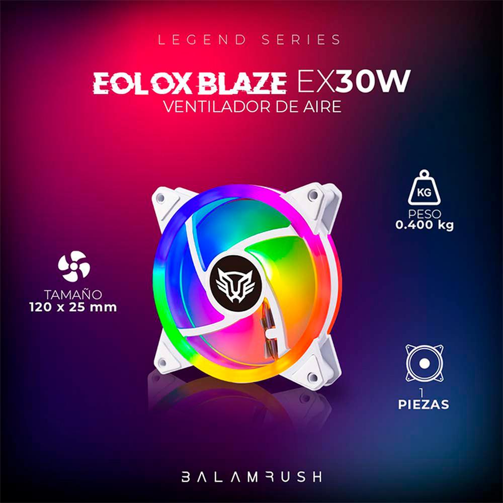 Ventilador Gamer BALAM RUSH EOLOX BLAZE EX30W 120mm LED Diseño Circular Borde LED Rainbow 1200RPM Blanco Molex BR-938099