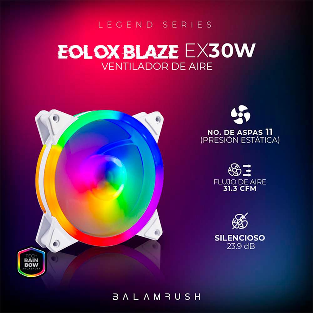 Ventilador Gamer BALAM RUSH EOLOX BLAZE EX30W 120mm LED Diseño Circular Borde LED Rainbow 1200RPM Blanco Molex BR-938099