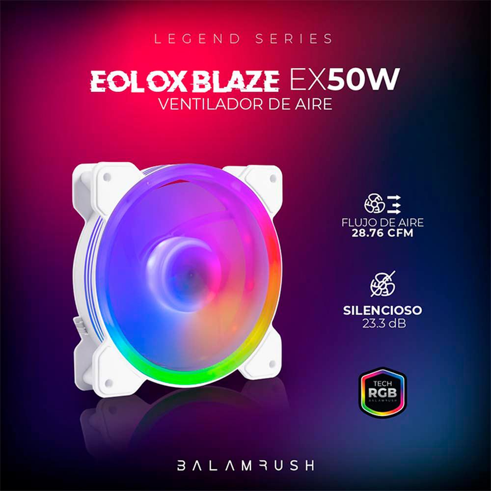 Ventilador Gamer BALAM RUSH EOLOX BLAZE EX50W 120mm ARGB Diseño Circular Borde LED Rainbow 1500RPM Blanco 3 Pin BR-938075