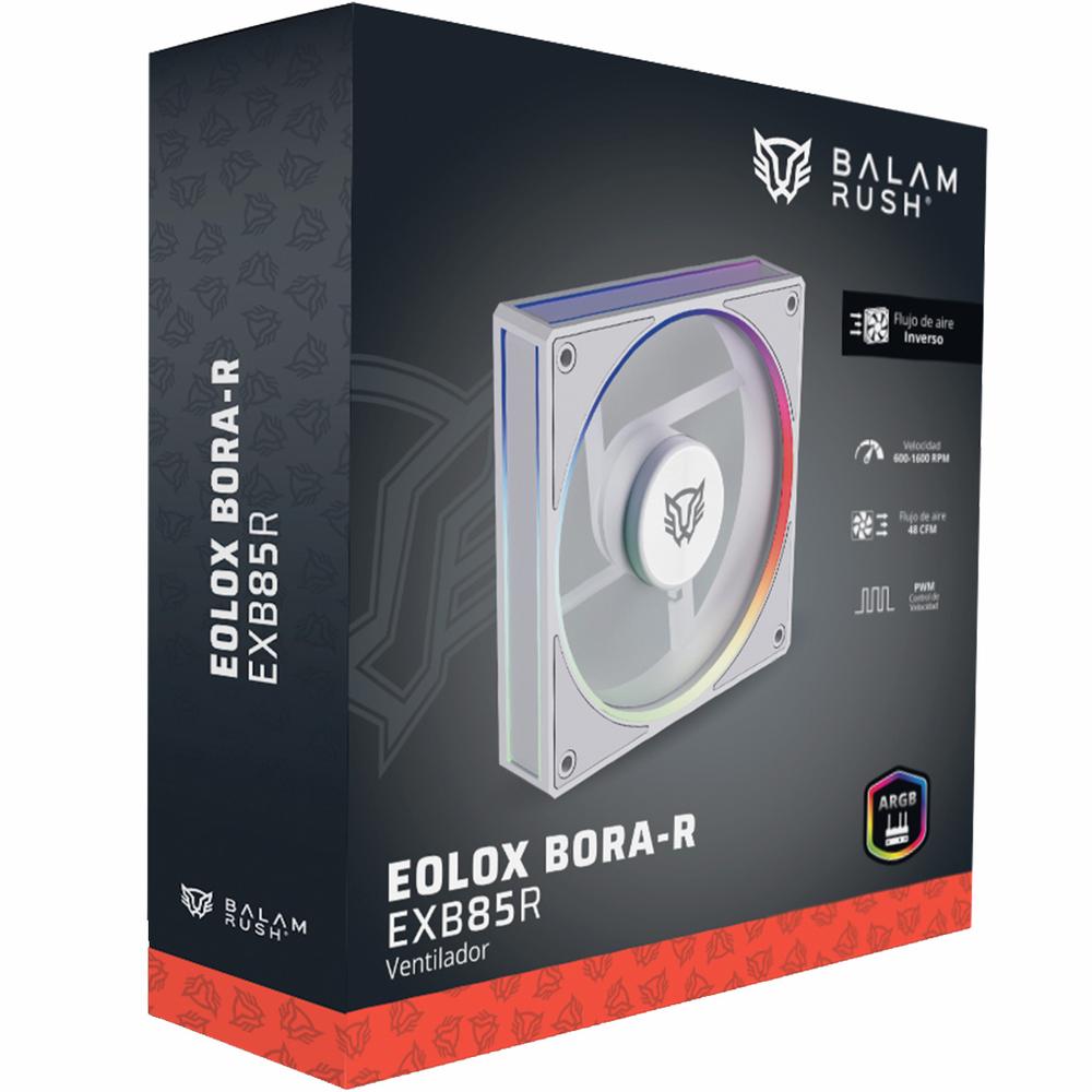 Ventilador Gamer BALAM RUSH EOLOX BORA-R EXB85R 120mm ARGB Aspas Inversas Diseño Cuadrado PWM 4 pin + Aura 1600RPM Blanco BR-942232