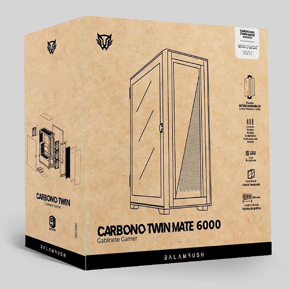 Gabinete Gamer BALAM RUSH CARBONO TWIN MATE 6000 M-ATX Mini Torre 4 Fan ARGB Cristal Templado Frente Intercambiable USB-C Blanco BR-938822