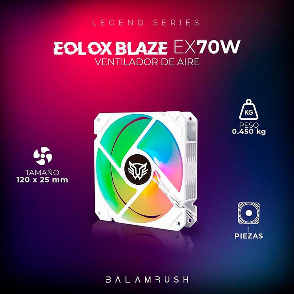 Ventilador Gamer BALAM RUSH EOLOX BLAZE EX70W 120mm ARGB Diseño Cuadrado Rainbow 1200RPM Blanco 3 Pin BR-938051