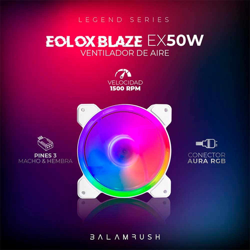 Ventilador Gamer BALAM RUSH EOLOX BLAZE EX50W 120mm ARGB Diseño Circular Borde LED Rainbow 1500RPM Blanco 3 Pin BR-938075