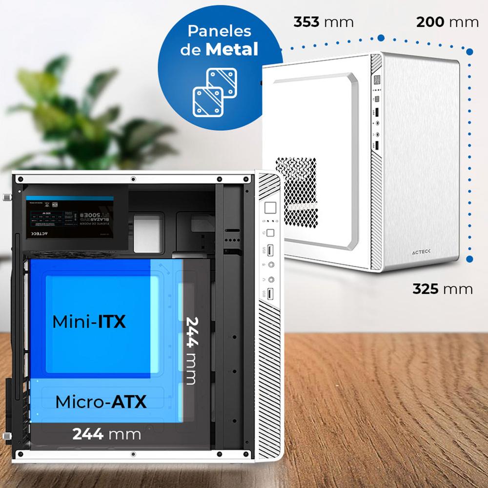 Gabinete ACTECK PERFORMANCE II Mircro ATX Mini Torre Fuente 500w Panel Metalico USB Blanco AC-940047