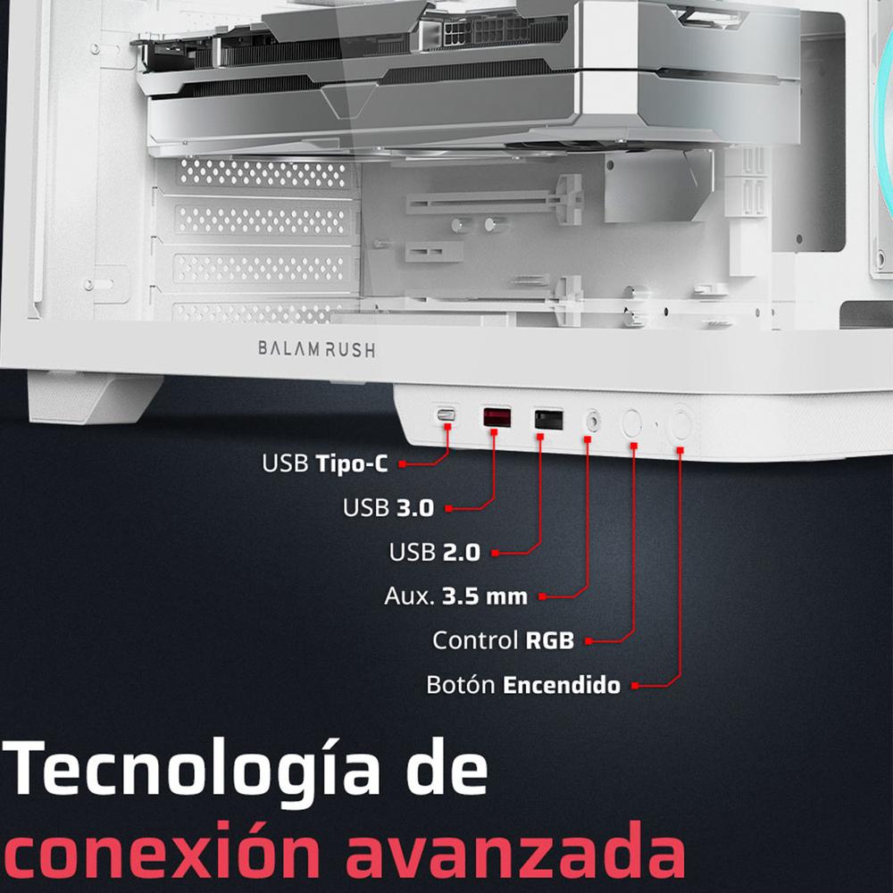 Gabinete Gamer BALAM RUSH TANK EXPERT CURVE 6800 ATX Media Torre 3 Fan Panel Curvo Cristal Templado USB-C ARGB Blanco BR-941587