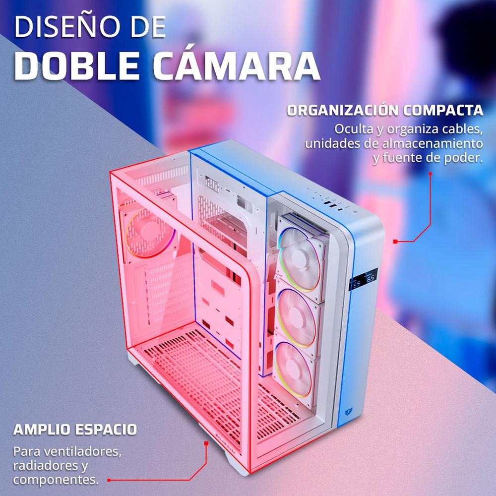 Gabinete Gamer BALAM RUSH TANK EXPERT CURVE 7400 ATX Media Torre 4 Fan Cristal Templado USB-C ARGB Blanco BR-941600