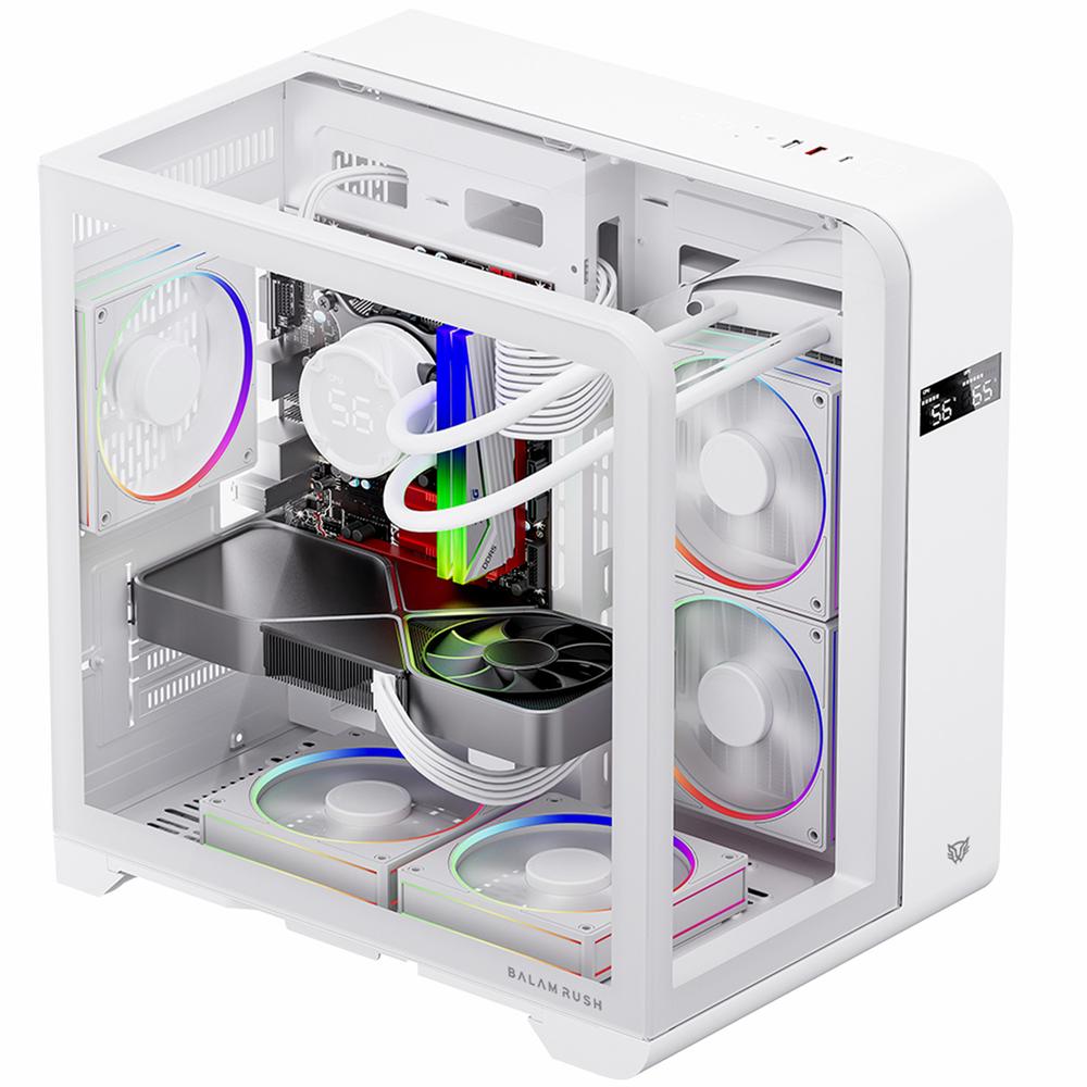 Gabinete Gamer BALAM RUSH TANK EXPERT CURVE 6400 Micro ATX Mini Torre 3 Fan ARGB Cristal Templado USB-C Display Digital Blanco BR-941624
