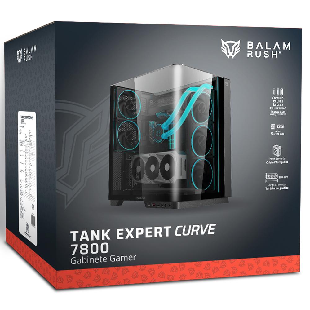 Gabinete Gamer BALAM RUSH TANK EXPERT CURVE 7800 ATX Media Torre 5 Fan Panel Curvo Cristal Templado USB-C ARGB Negro BR-941556