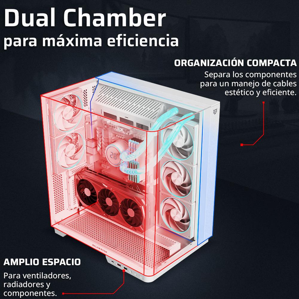 Gabinete Gamer BALAM RUSH TANK EXPERT CURVE 7800 ATX Media Torre 5 Fan Panel Curvo Cristal Templado USB-C ARGB Blanco BR-941563