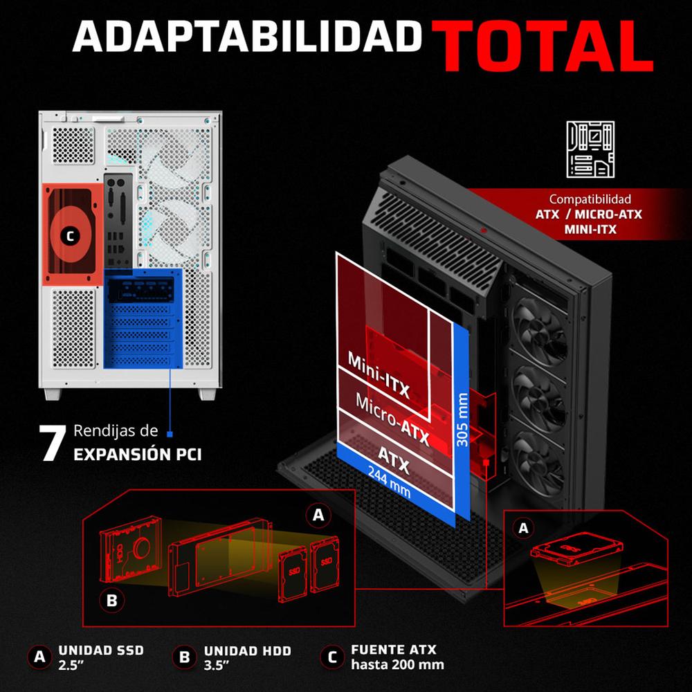 Gabinete Gamer BALAM RUSH TANK MAJESTIC 7600 ATX Media Torre 5 Fan Panel Cristal Templado USB-C ARGB Blanco BR-941501