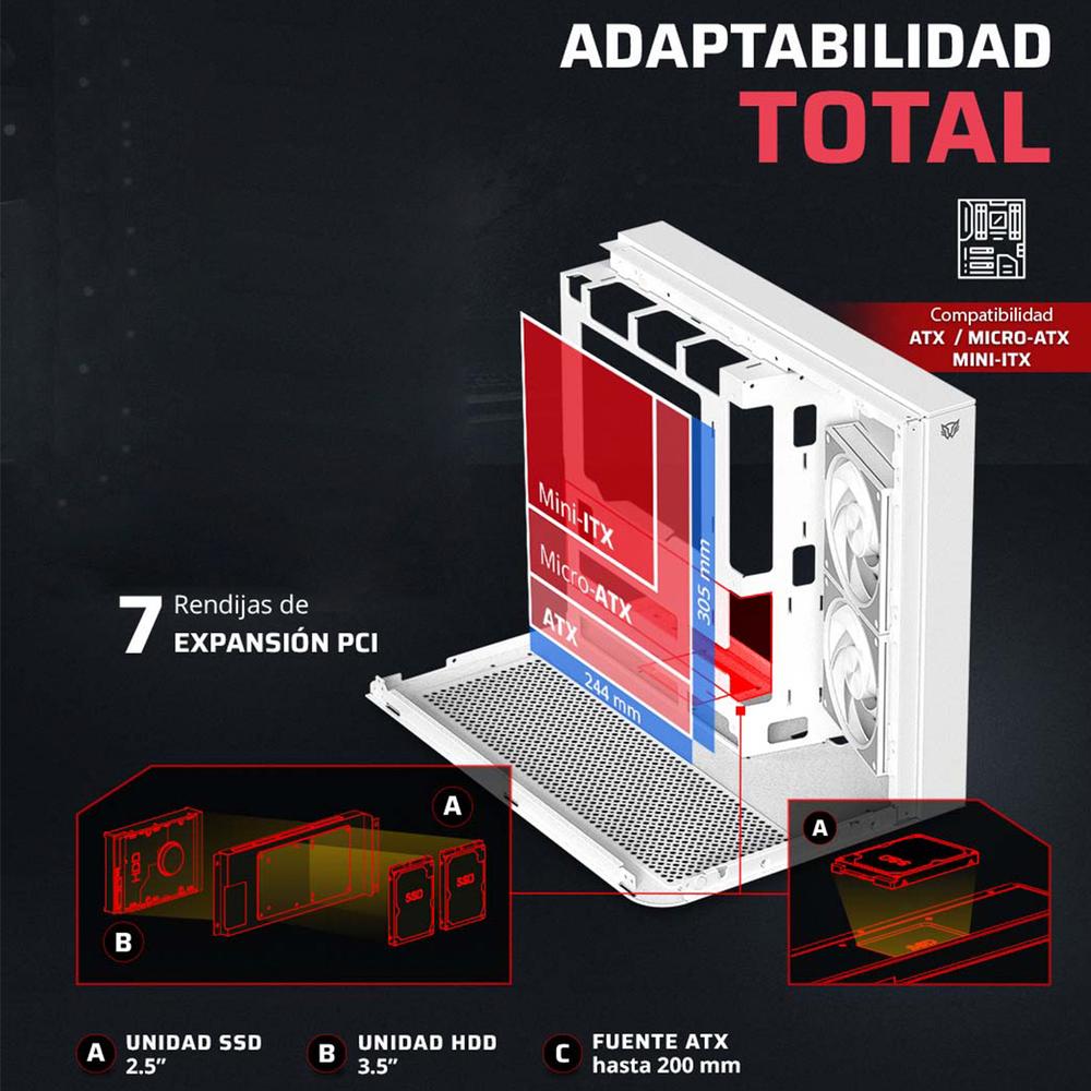 Gabinete Gamer BALAM RUSH TANK EXPERT CURVE 6800 ATX Media Torre 3 Fan Panel Curvo Cristal Templado USB-C ARGB Blanco BR-941587