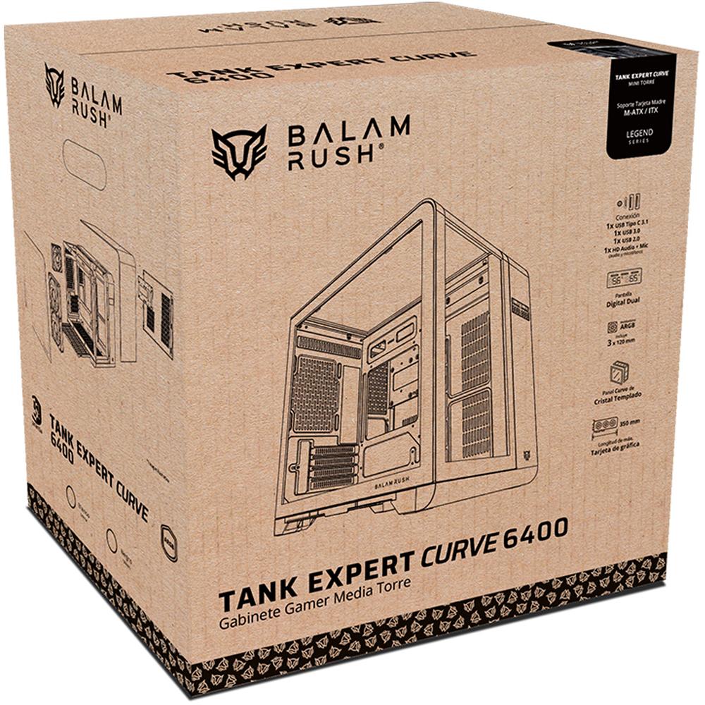 Gabinete Gamer BALAM RUSH TANK EXPERT CURVE 6400 Micro ATX Mini Torre 3 Fan ARGB Cristal Templado USB-C Display Digital Negro BR-941617