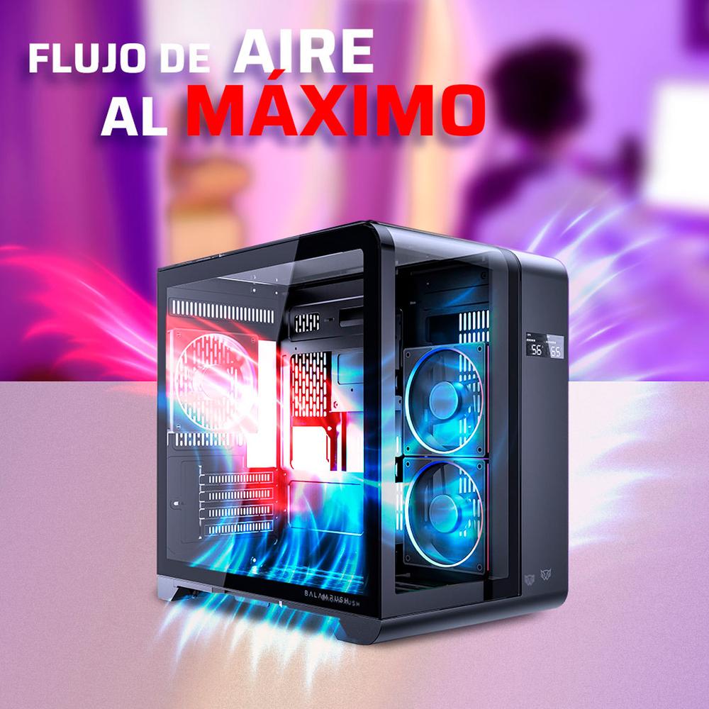 Gabinete Gamer BALAM RUSH TANK EXPERT CURVE 6400 Micro ATX Mini Torre 3 Fan ARGB Cristal Templado USB-C Display Digital Negro BR-941617