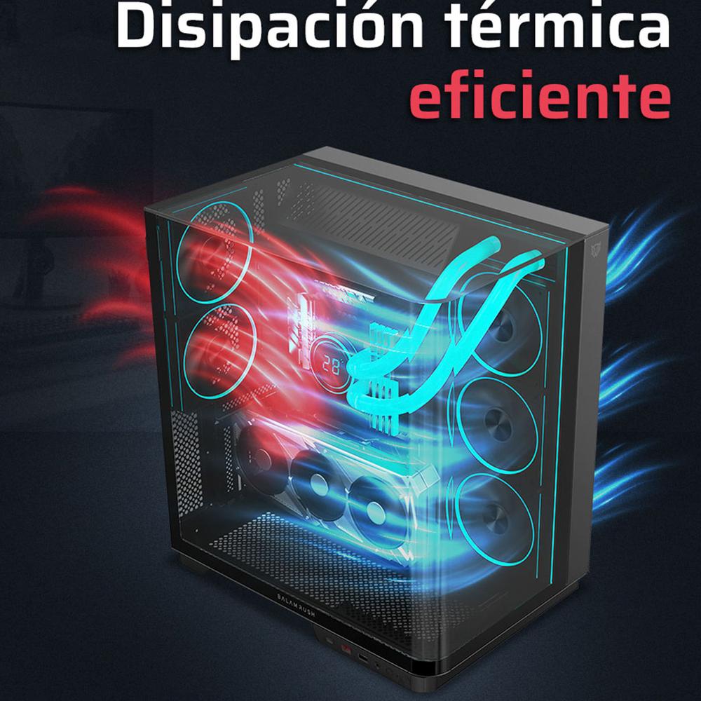 Gabinete Gamer BALAM RUSH TANK EXPERT CURVE 7800 ATX Media Torre 5 Fan Panel Curvo Cristal Templado USB-C ARGB Negro BR-941556