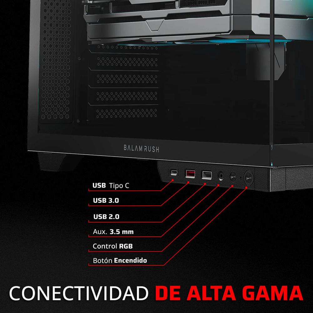 Gabinete Gamer BALAM RUSH TANK MAJESTIC 7600 ATX Media Torre 5 Fan Panel Cristal Templado USB-C ARGB Negro BR-941495