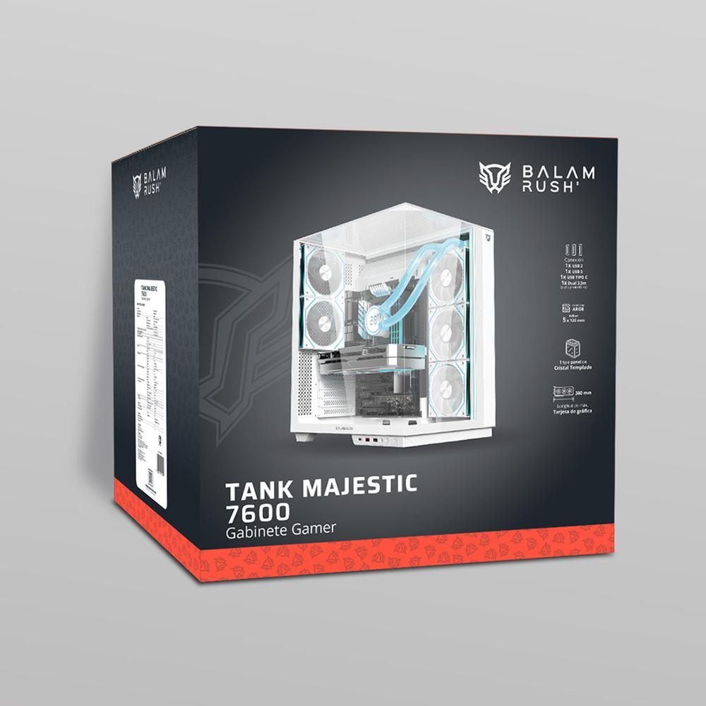 Gabinete Gamer BALAM RUSH TANK MAJESTIC 7600 ATX Media Torre 5 Fan Panel Cristal Templado USB-C ARGB Blanco BR-941501
