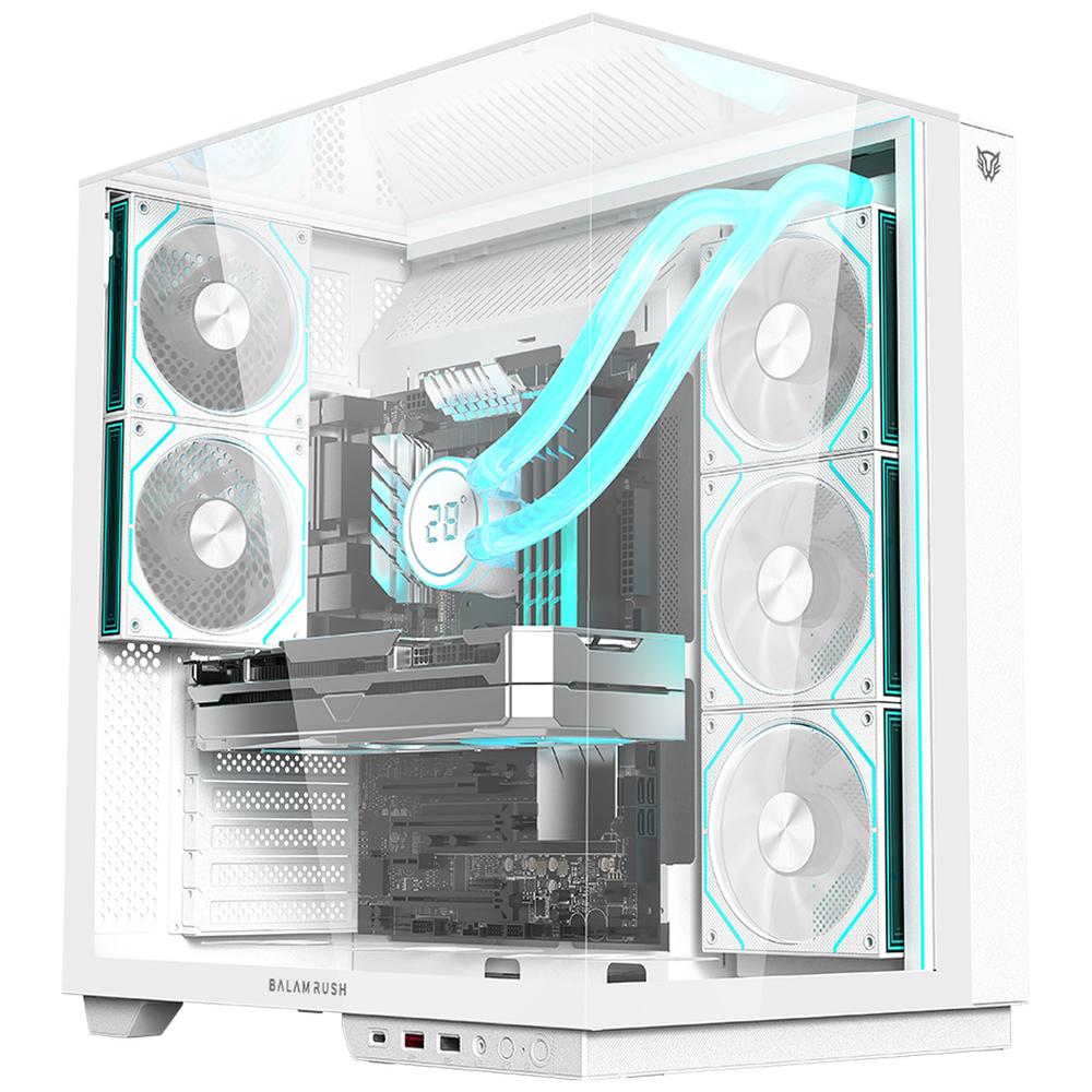 Gabinete Gamer BALAM RUSH TANK MAJESTIC 7600 ATX Media Torre 5 Fan Panel Cristal Templado USB-C ARGB Blanco BR-941501