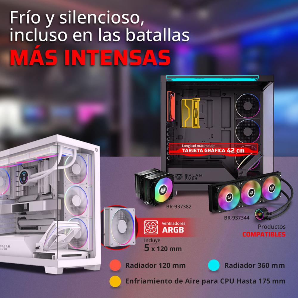 Gabinete Gamer BALAM RUSH TANK POLAR 7900 ATX Media Torre 5 Fan Cristal Templado USB-C ARGB Blanco BR-941488