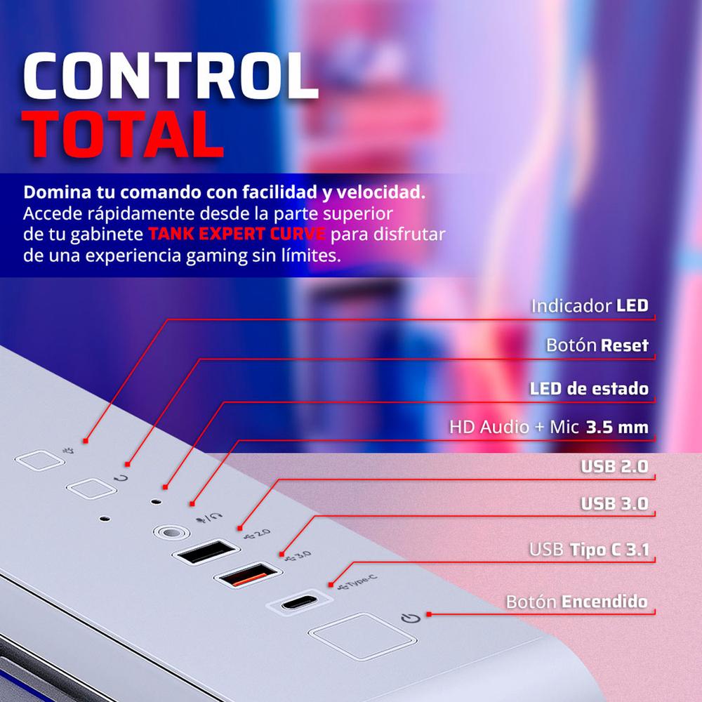 Gabinete Gamer BALAM RUSH TANK EXPERT CURVE 7400 ATX Media Torre 4 Fan Cristal Templado USB-C ARGB Blanco BR-941600