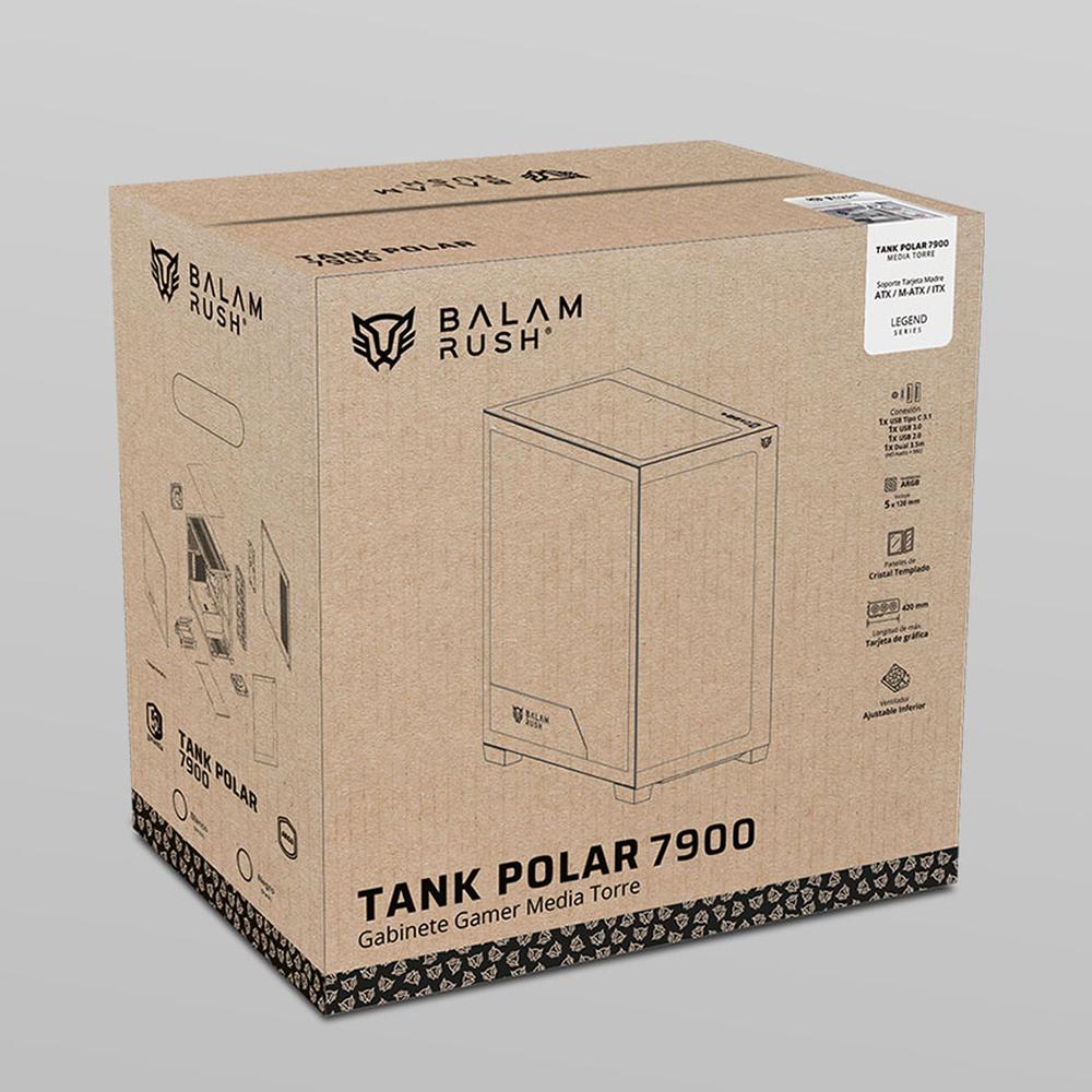 Gabinete Gamer BALAM RUSH TANK POLAR 7900 ATX Media Torre 5 Fan Cristal Templado USB-C ARGB Blanco BR-941488