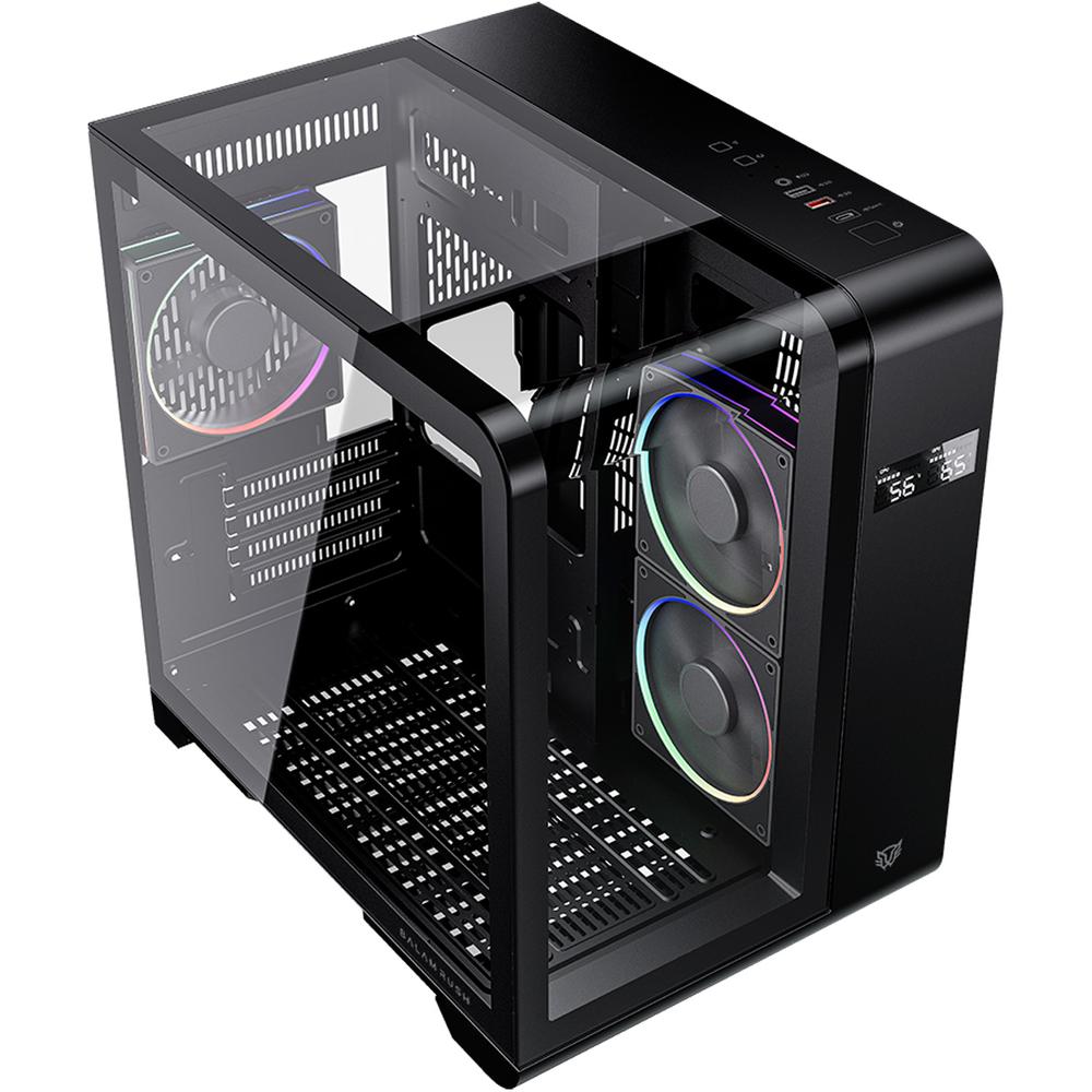 Gabinete Gamer BALAM RUSH TANK EXPERT CURVE 6400 Micro ATX Mini Torre 3 Fan ARGB Cristal Templado USB-C Display Digital Negro BR-941617