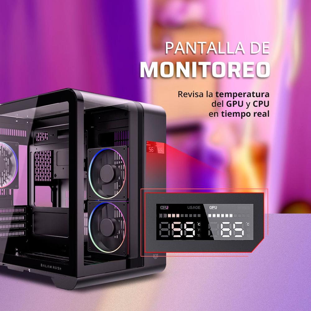 Gabinete Gamer BALAM RUSH TANK EXPERT CURVE 6400 Micro ATX Mini Torre 3 Fan ARGB Cristal Templado USB-C Display Digital Negro BR-941617