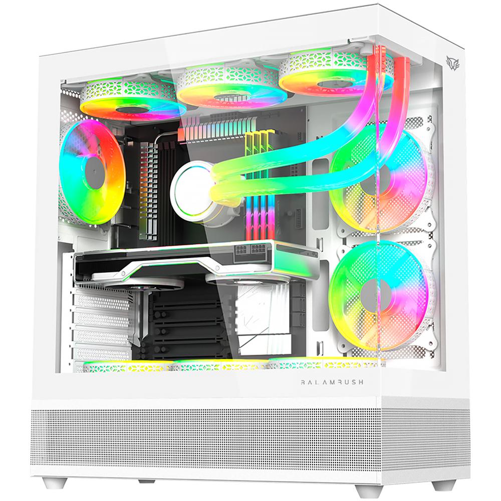 Gabinete Gamer BALAM RUSH TANK SUPER 9200 TB ATX Media Torre 3 Fan ARGB Cristal Templado Sin Bordes USB-C Blanco BR-938730