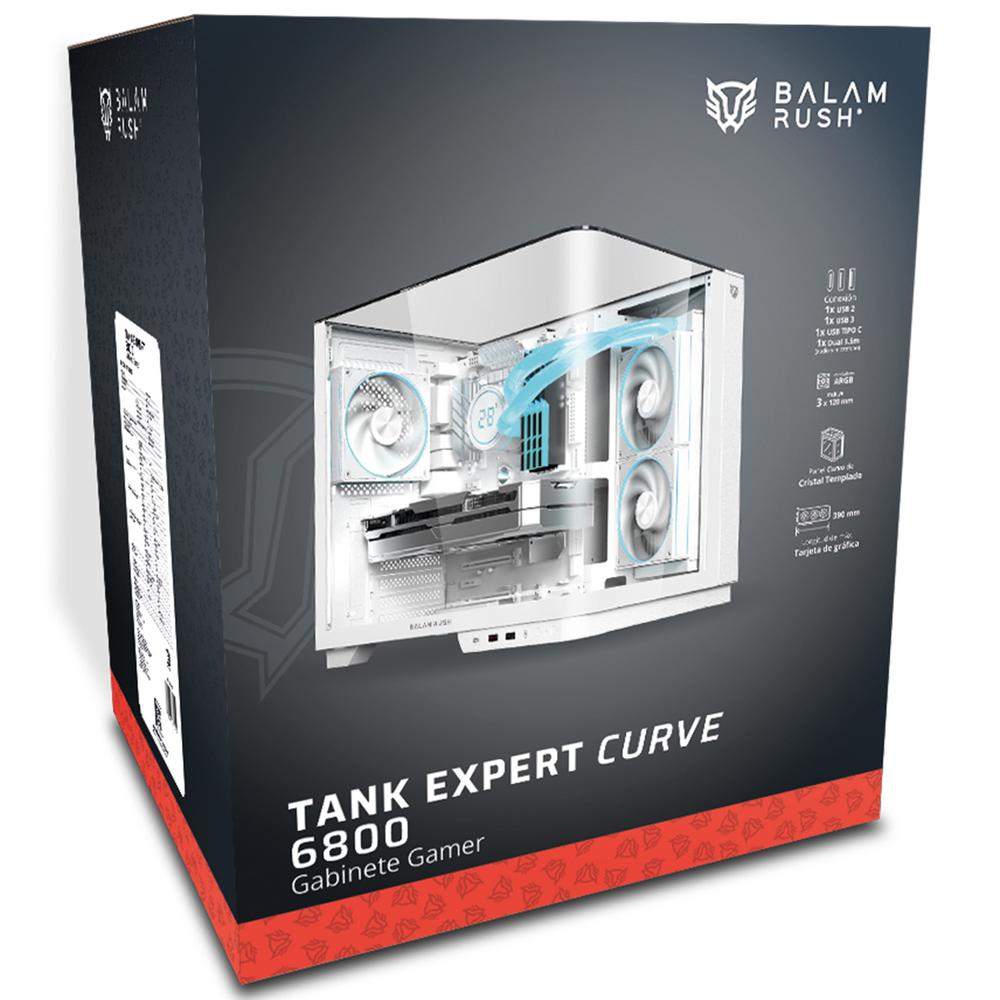 Gabinete Gamer BALAM RUSH TANK EXPERT CURVE 6800 ATX Media Torre 3 Fan Panel Curvo Cristal Templado USB-C ARGB Blanco BR-941587