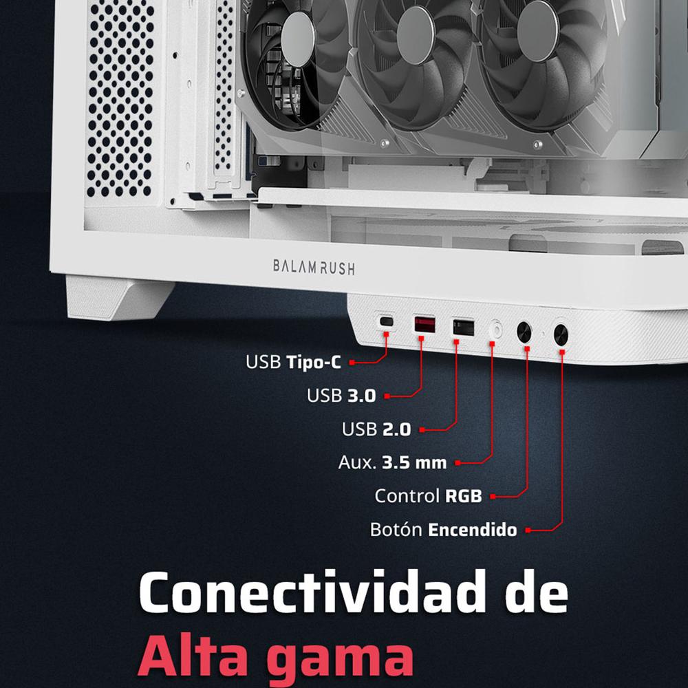 Gabinete Gamer BALAM RUSH TANK EXPERT CURVE 7800 ATX Media Torre 5 Fan Panel Curvo Cristal Templado USB-C ARGB Blanco BR-941563